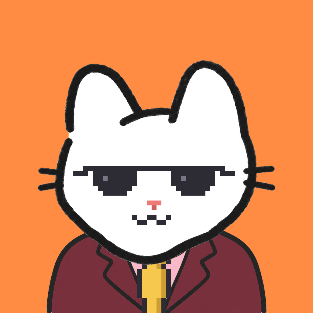Employee #2651 — a white cat, in a burgundy suit, with a gold tie, wearing shades glasses, on tangerine