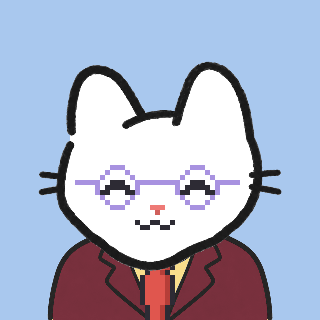 Employee #2652 — a white cat, in a burgundy suit, with a red tie, wearing round-lavender glasses, on sky
