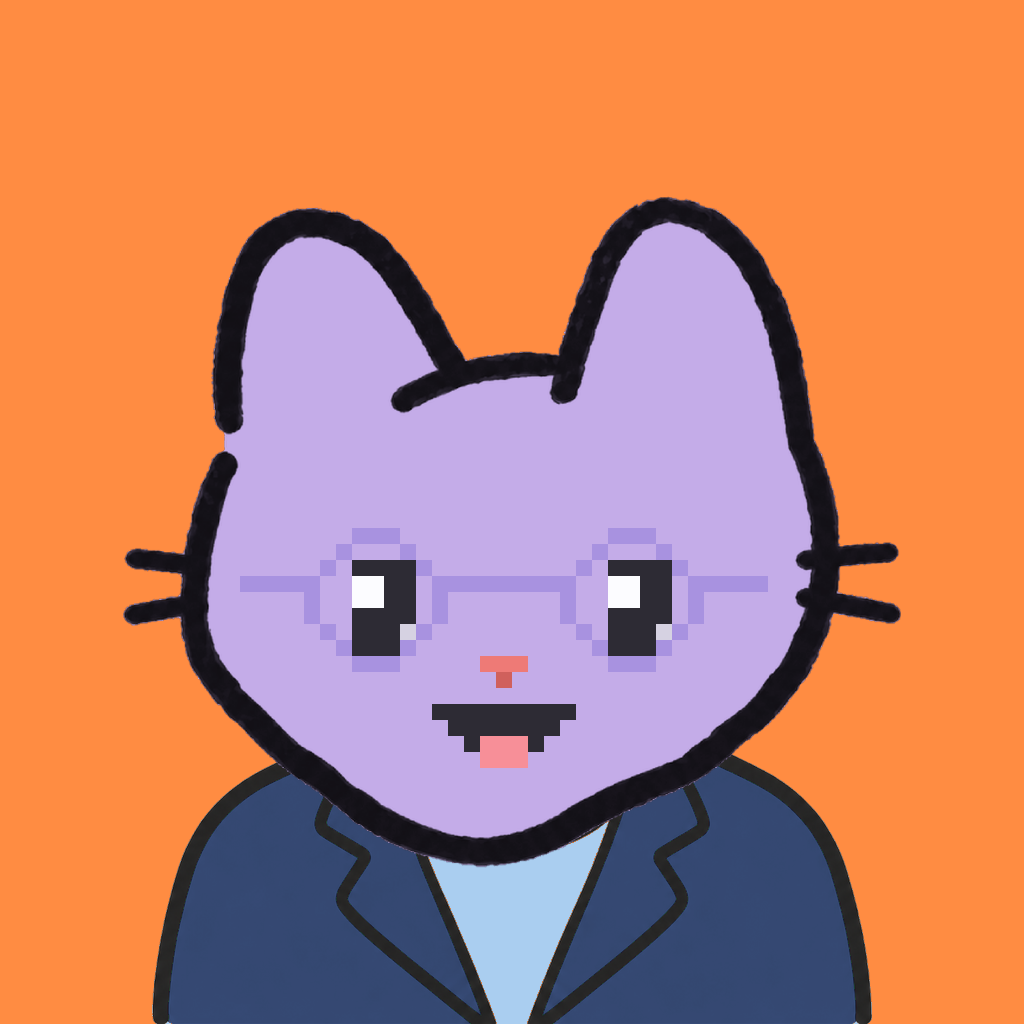 Employee #2653 — a lavender cat, in a navy suit, wearing round-lavender glasses, on tangerine