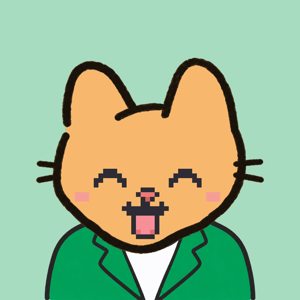 Employee #2654 — a tabby cat, in a green suit, on mint