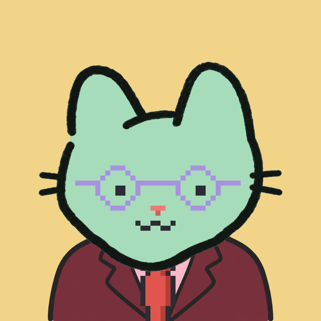 Employee #2656 — a mint cat, in a burgundy suit, with a red tie, wearing round-lavender glasses, on butter