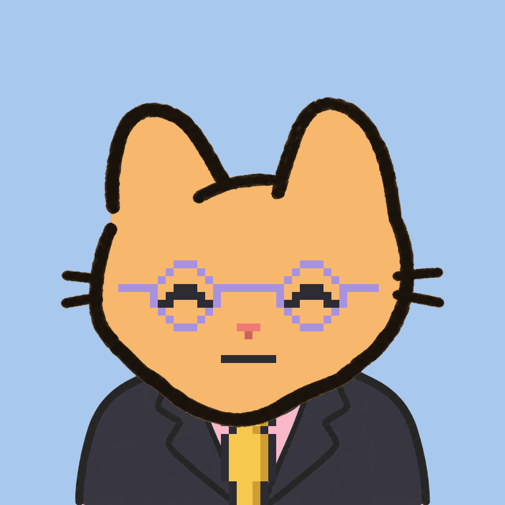 Employee #2657 — a tabby cat, in a black suit, with a gold tie, wearing round-lavender glasses, on sky