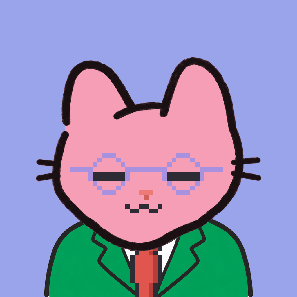 Employee #2658 — a pink cat, in a green suit, with a red tie, wearing round-lavender glasses, on periwinkle