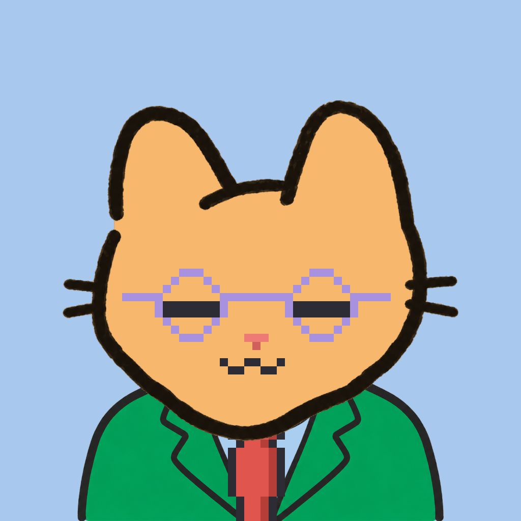 Employee #2659 — a tabby cat, in a green suit, with a red tie, wearing round-lavender glasses, on sky