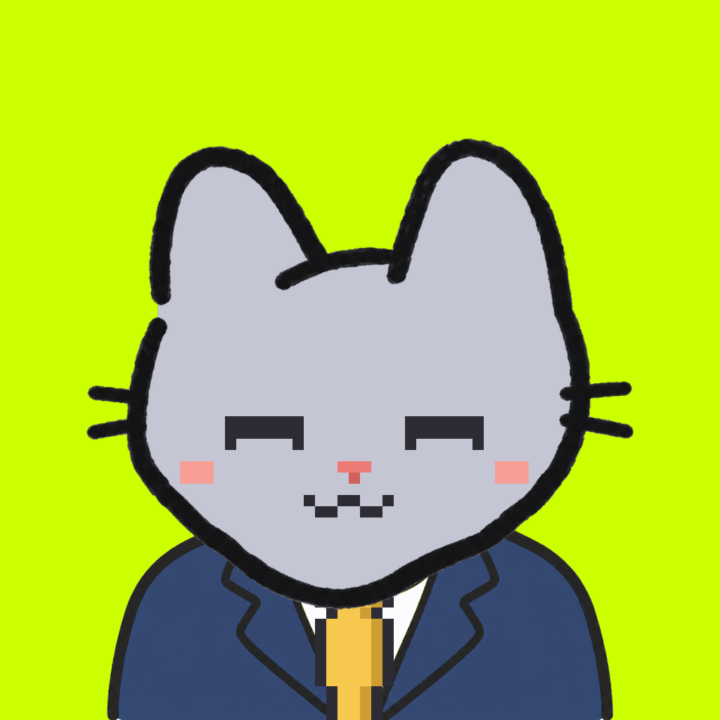Employee #0266 — a gray cat, in a navy suit, with a gold tie, on volt
