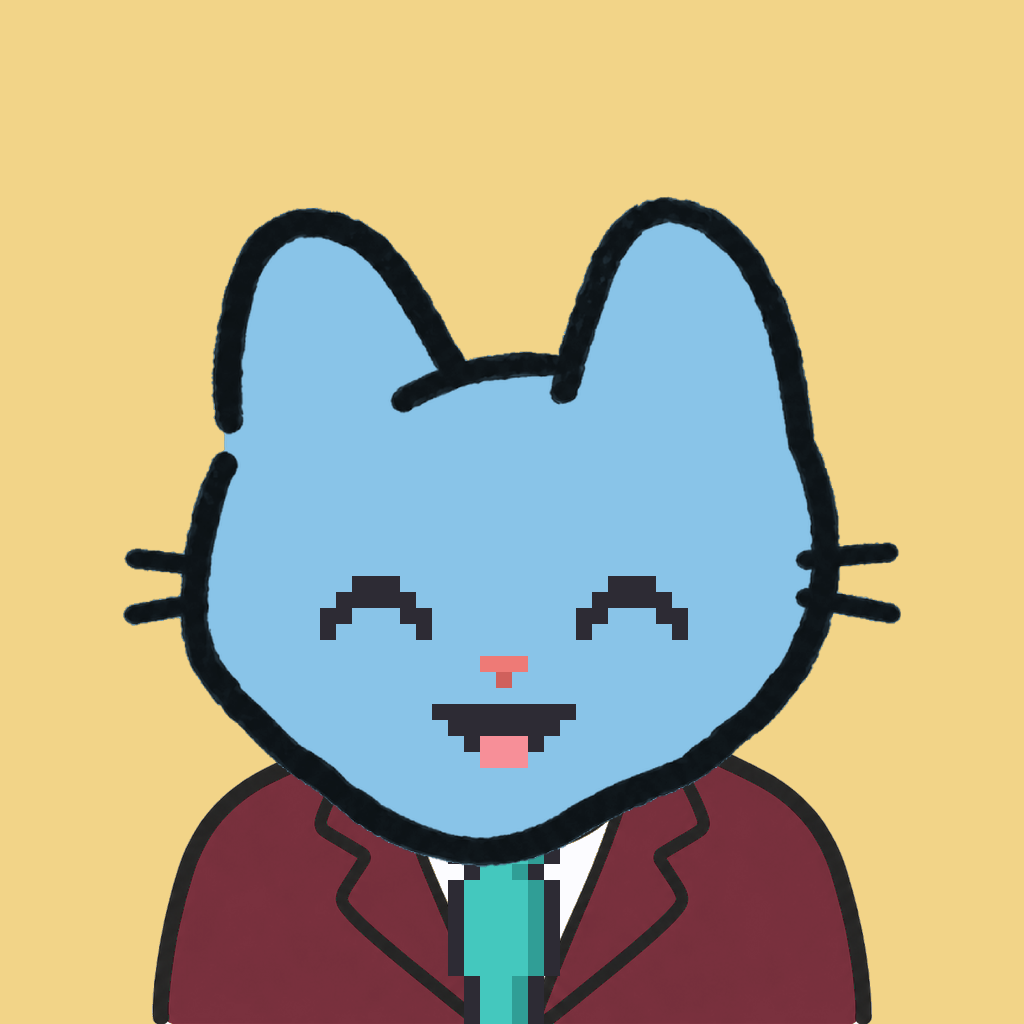 Employee #2660 — a sky cat, in a burgundy suit, with a teal tie, on butter