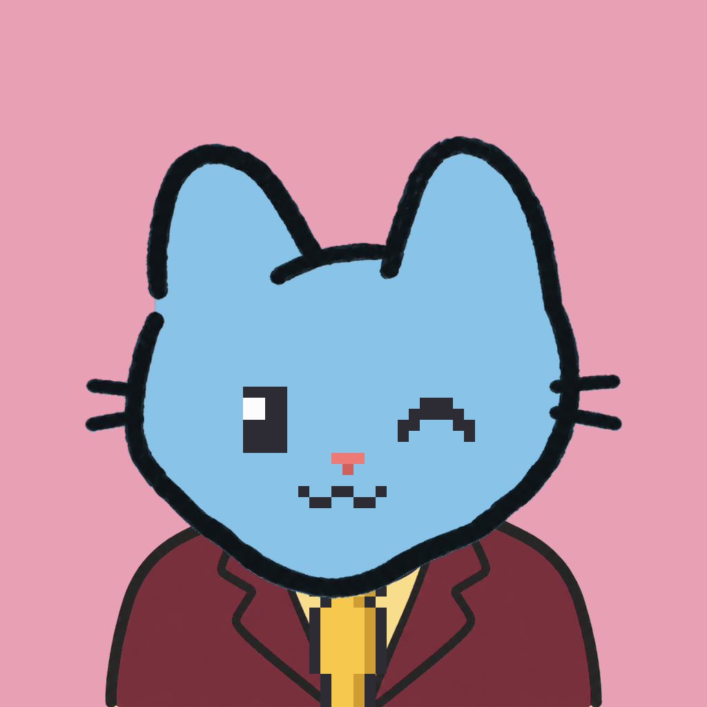 Employee #2661 — a sky cat, in a burgundy suit, with a gold tie, on rose