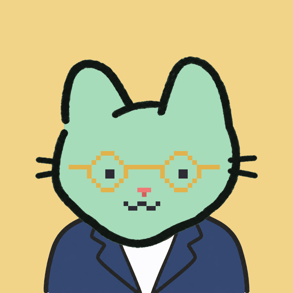 Employee #2662 — a mint cat, in a navy suit, wearing round-gold glasses, on butter