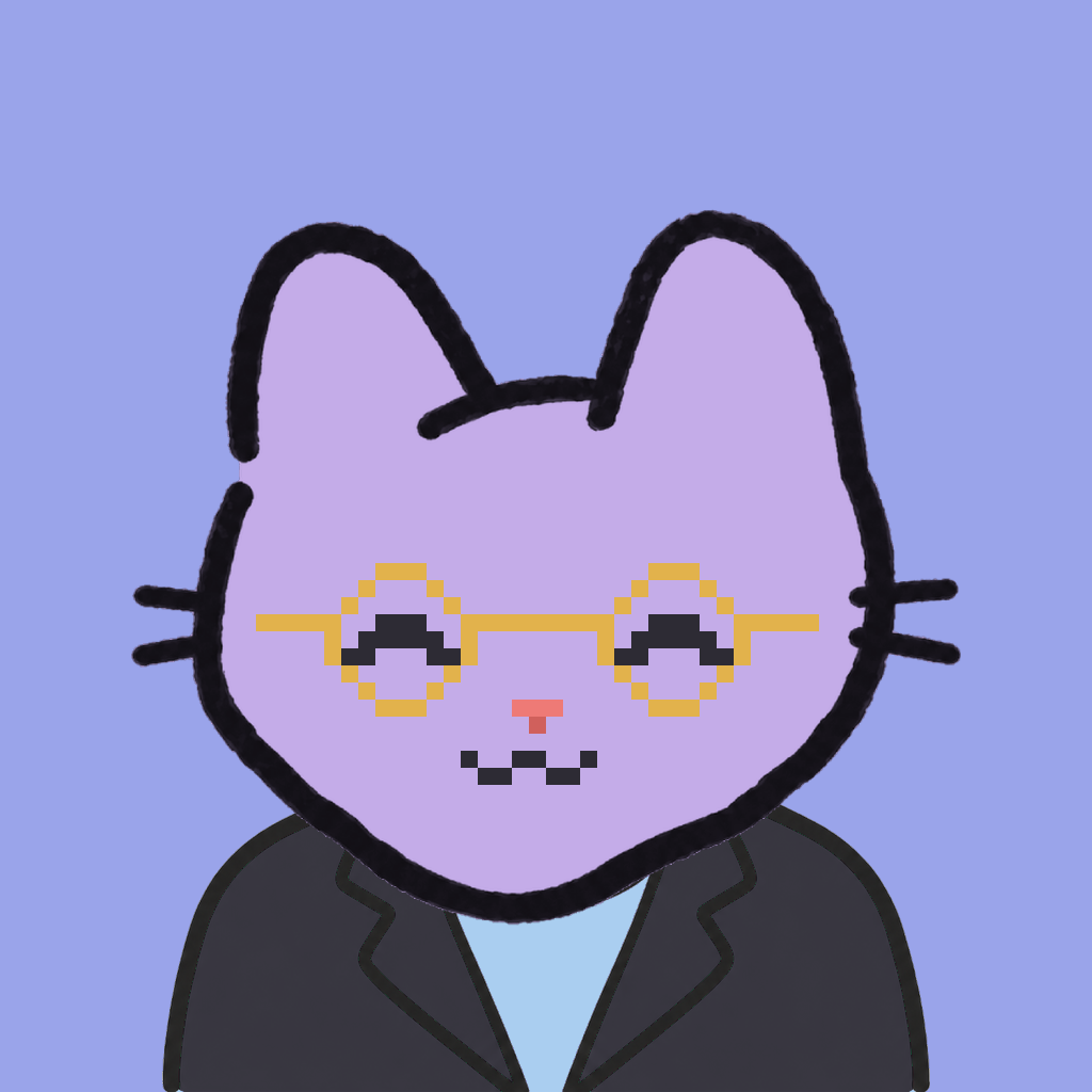 Employee #2663 — a lavender cat, in a black suit, wearing round-gold glasses, on periwinkle