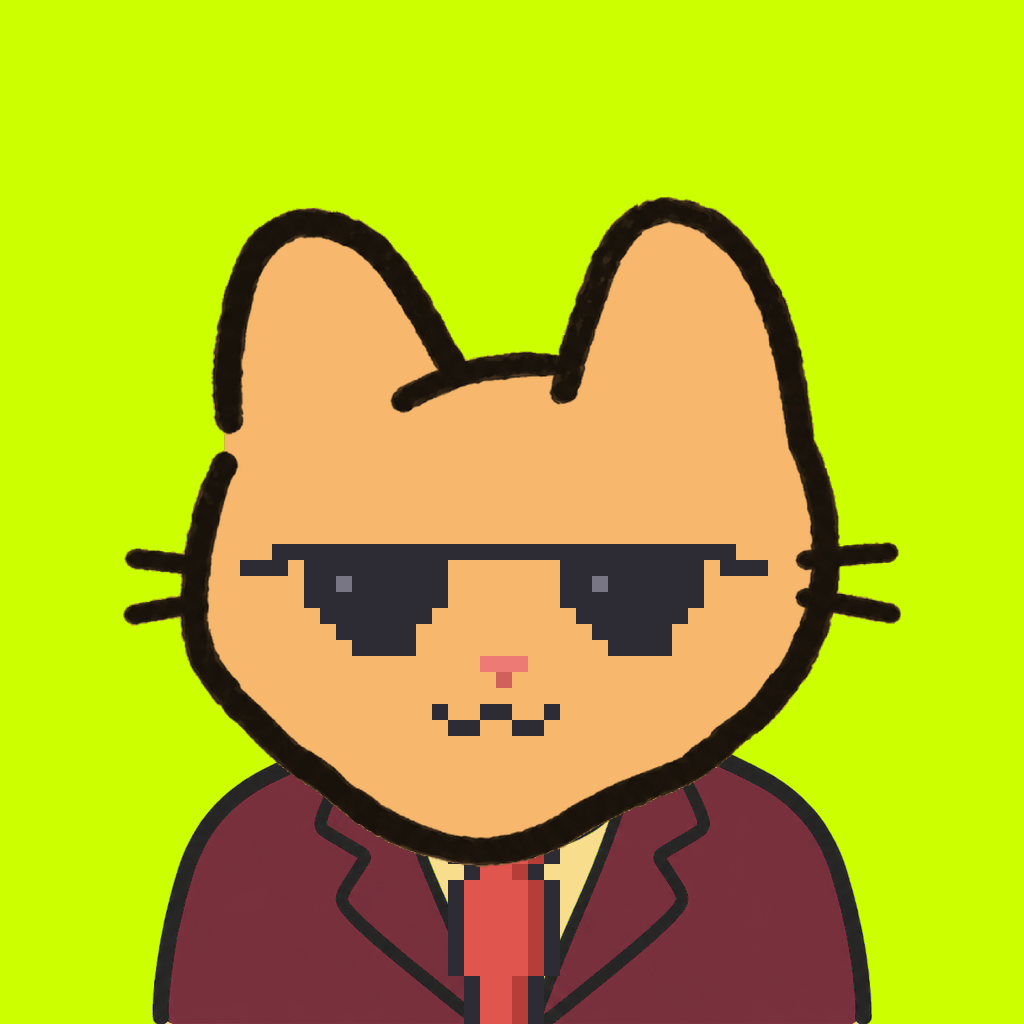 Employee #2664 — a tabby cat, in a burgundy suit, with a red tie, wearing shades glasses, on volt