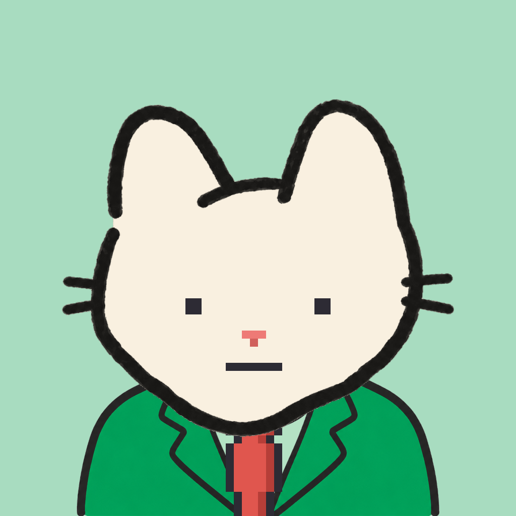 Employee #2665 — a cream cat, in a green suit, with a red tie, on mint