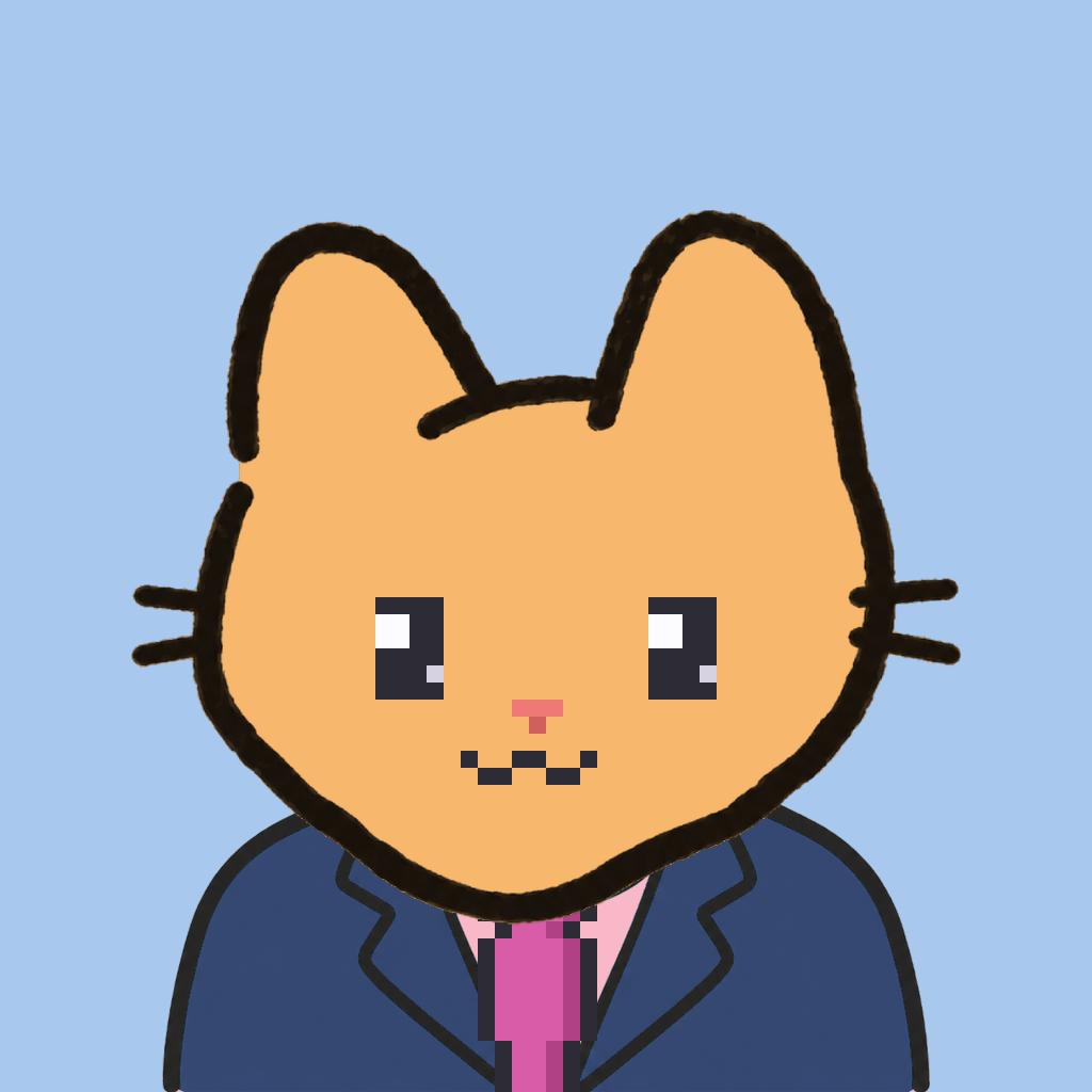 Employee #2667 — a tabby cat, in a navy suit, with a magenta tie, on sky