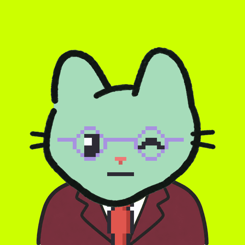 Employee #2668 — a mint cat, in a burgundy suit, with a red tie, wearing round-lavender glasses, on volt