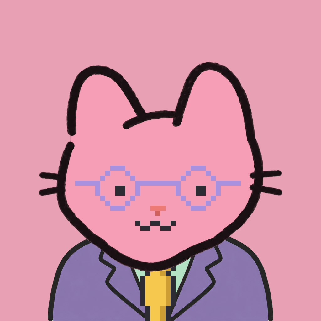 Employee #2669 — a pink cat, in a lavender suit, with a gold tie, wearing round-lavender glasses, on rose