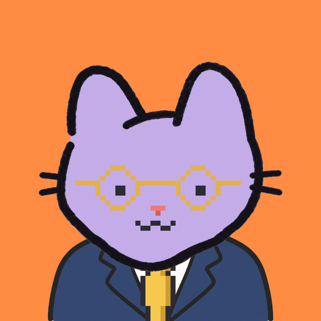 Employee #0267 — a lavender cat, in a navy suit, with a gold tie, wearing round-gold glasses, on tangerine
