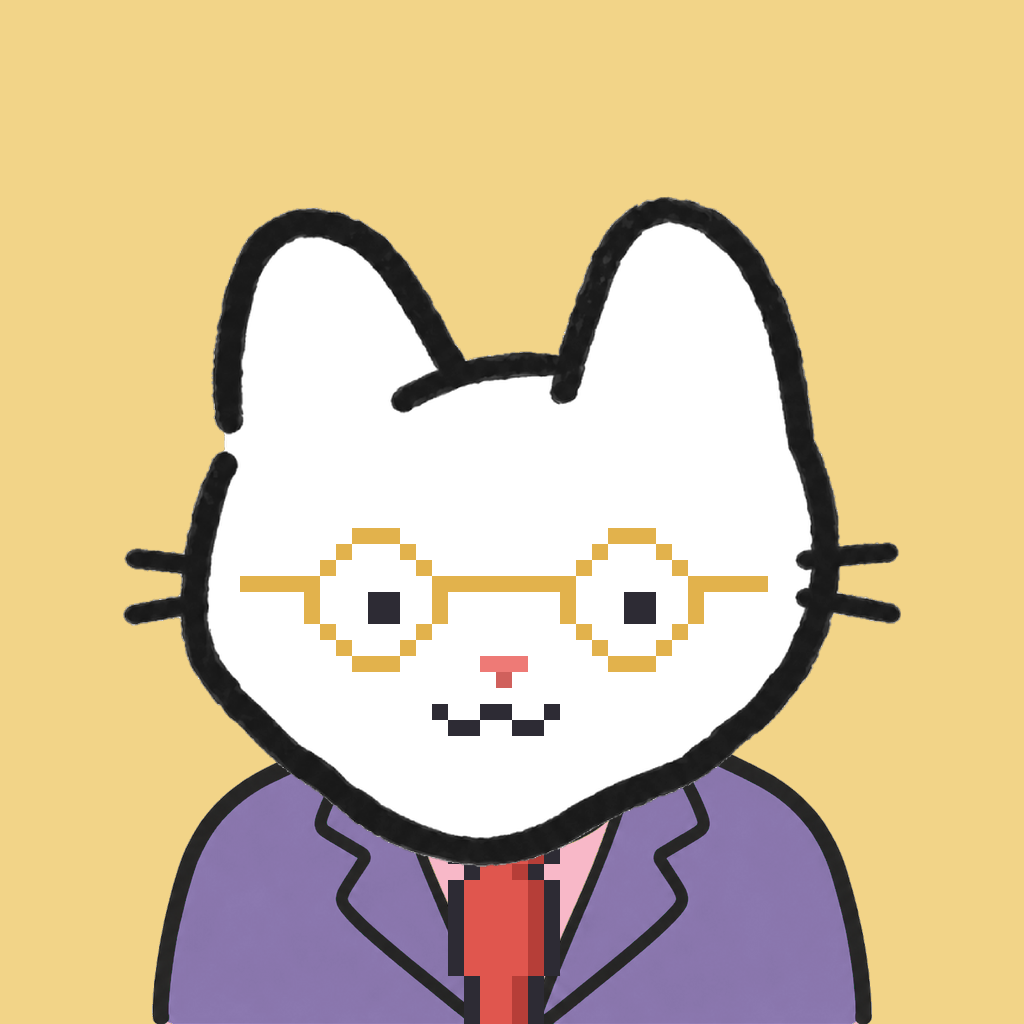 Employee #2670 — a white cat, in a lavender suit, with a red tie, wearing round-gold glasses, on butter