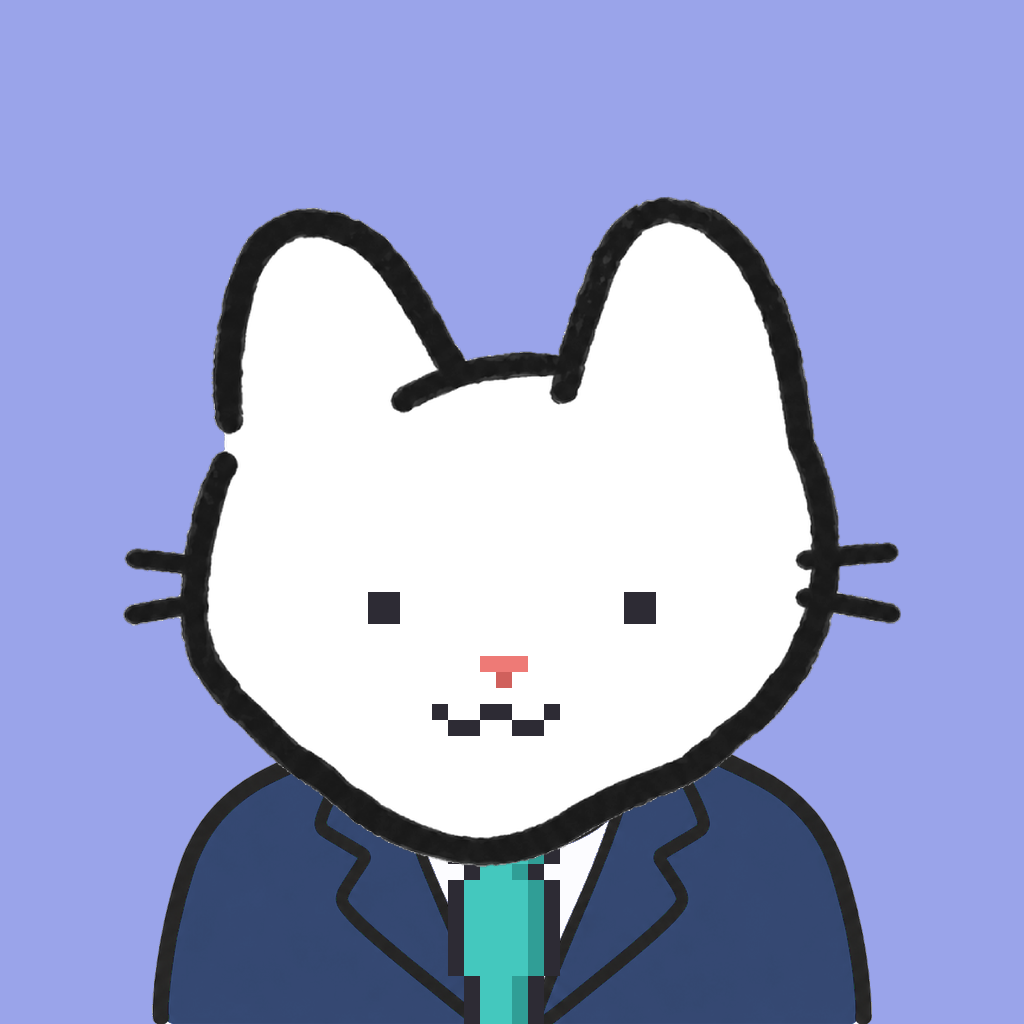 Employee #2672 — a white cat, in a navy suit, with a teal tie, on periwinkle