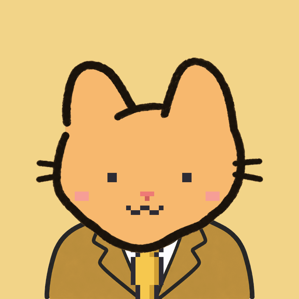 Employee #2673 — a tabby cat, in a mustard suit, with a gold tie, on butter