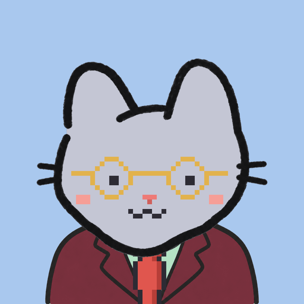 Employee #2674 — a gray cat, in a burgundy suit, with a red tie, wearing round-gold glasses, on sky