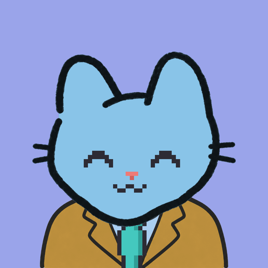 Employee #2675 — a sky cat, in a mustard suit, with a teal tie, on periwinkle