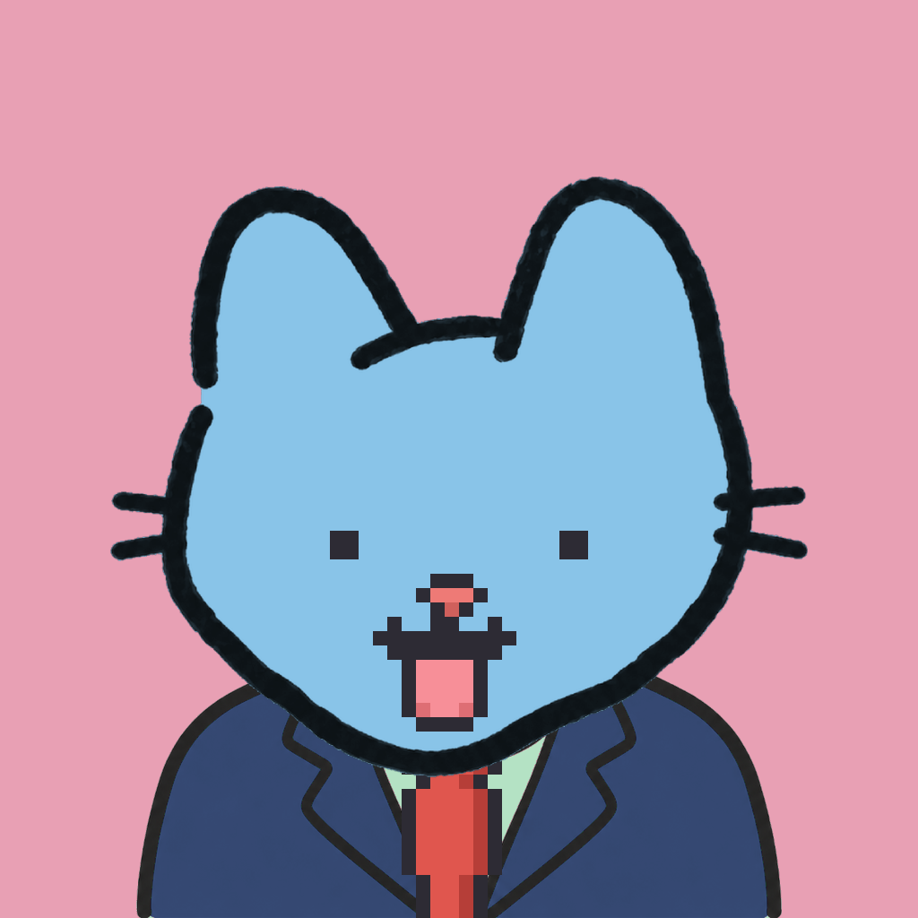 Employee #2676 — a sky cat, in a navy suit, with a red tie, on rose
