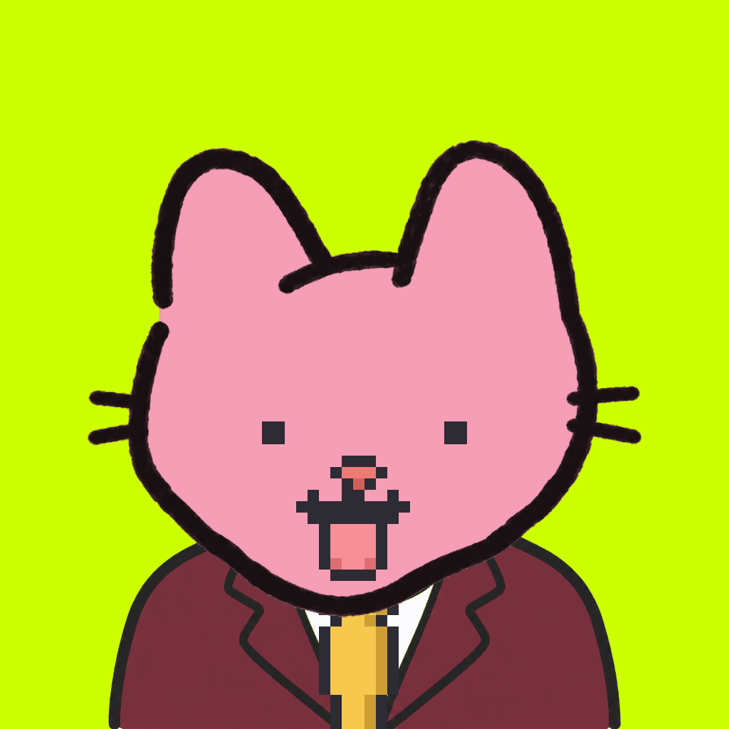 Employee #2677 — a pink cat, in a burgundy suit, with a gold tie, on volt