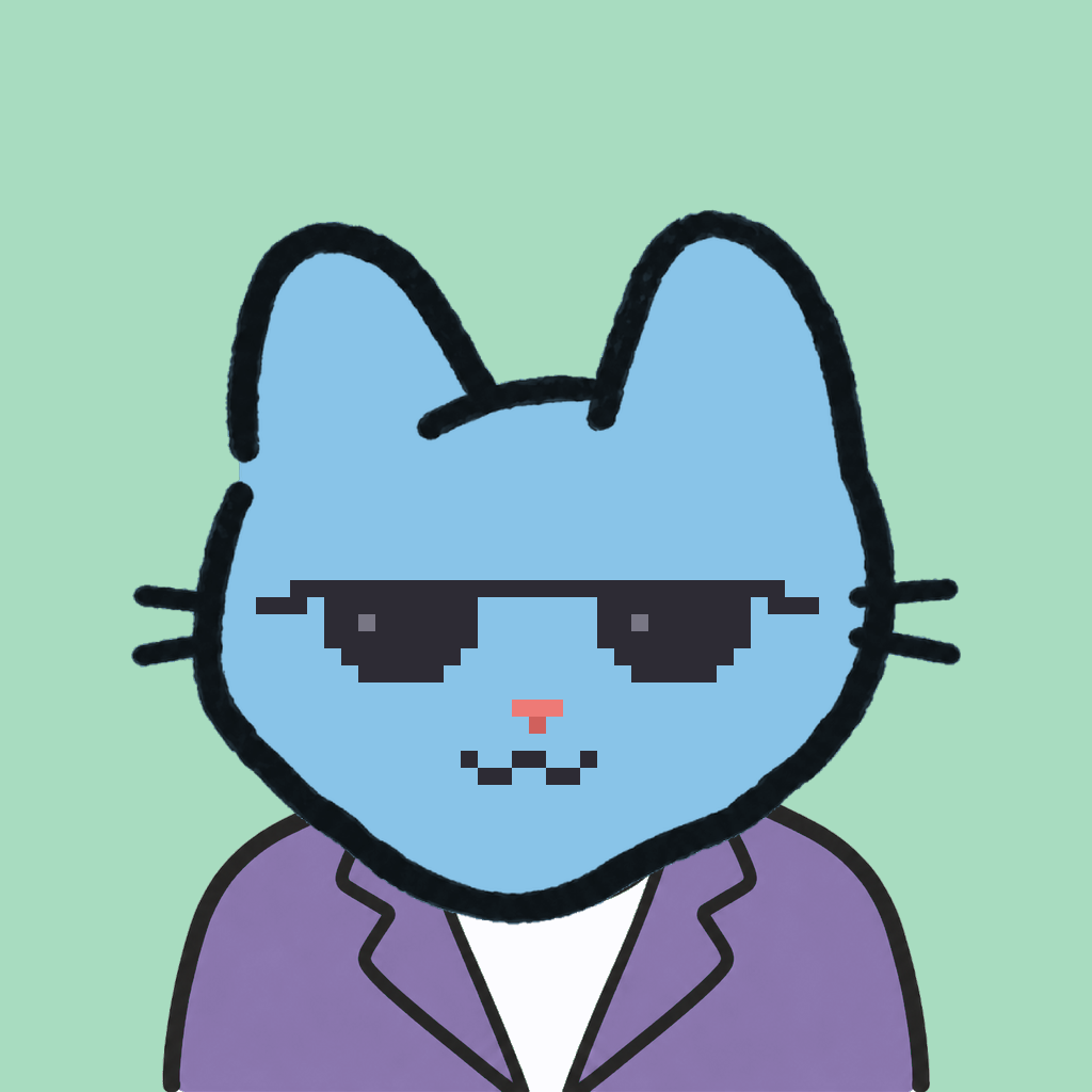Employee #2678 — a sky cat, in a lavender suit, wearing shades glasses, on mint