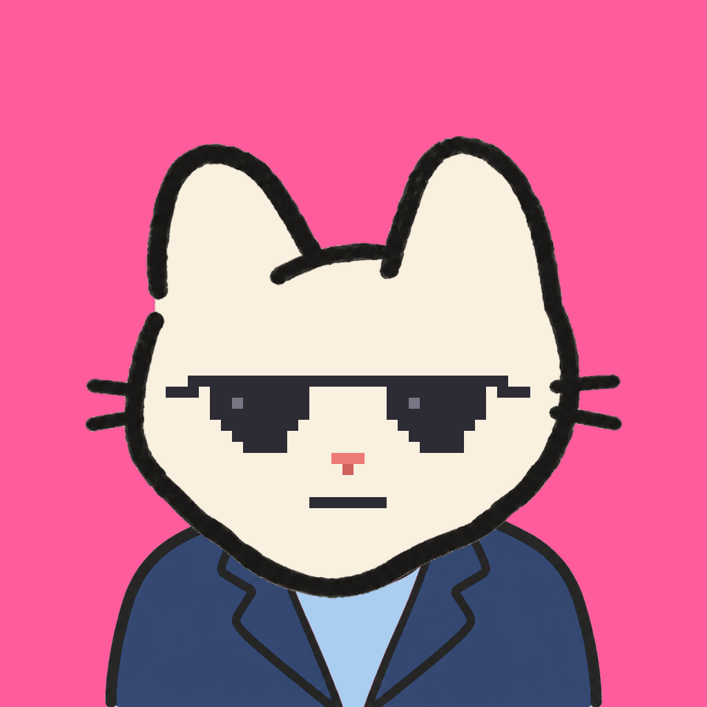 Employee #2679 — a cream cat, in a navy suit, wearing shades glasses, on hot pink