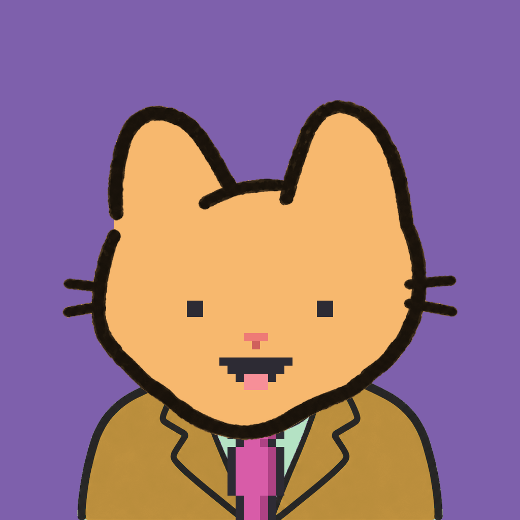 Employee #0268 — a tabby cat, in a mustard suit, with a magenta tie, on plasma violet