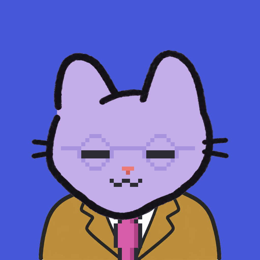 Employee #2680 — a lavender cat, in a mustard suit, with a magenta tie, wearing round-lavender glasses, on royal