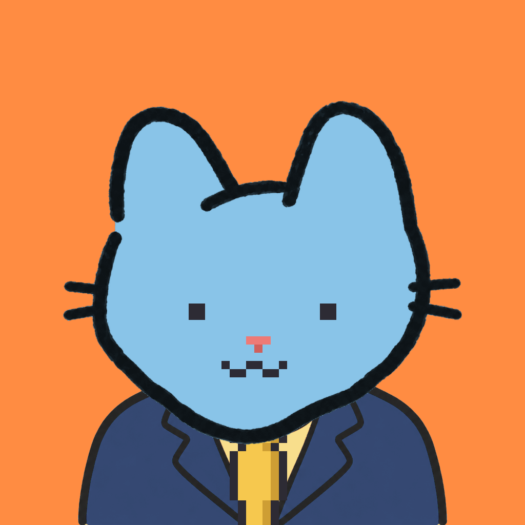 Employee #2681 — a sky cat, in a navy suit, with a gold tie, on tangerine