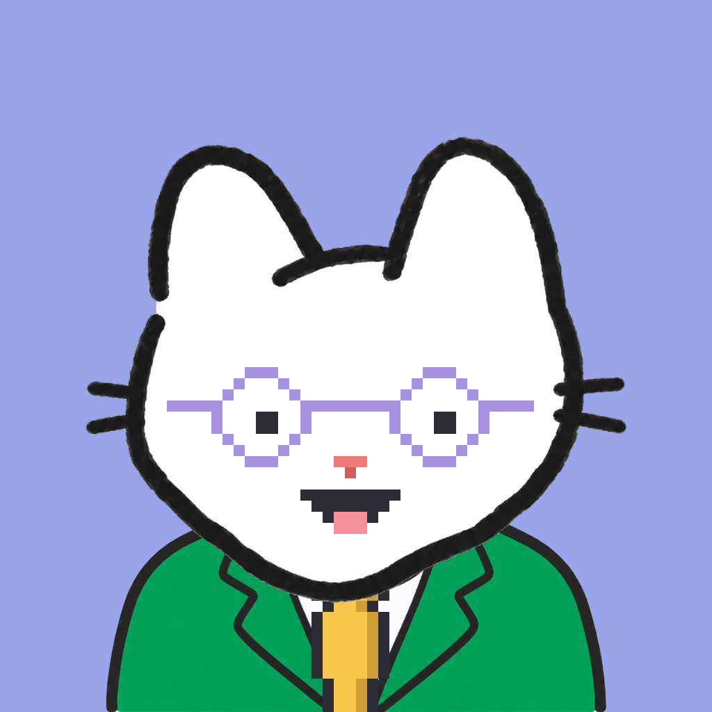 Employee #2682 — a white cat, in a green suit, with a gold tie, wearing round-lavender glasses, on periwinkle