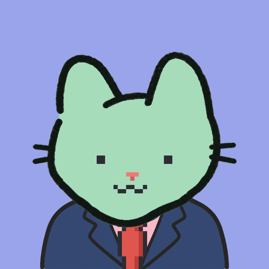 Employee #2683 — a mint cat, in a navy suit, with a red tie, on periwinkle
