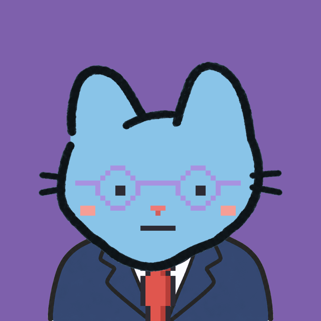 Employee #2684 — a sky cat, in a navy suit, with a red tie, wearing round-lavender glasses, on plasma violet