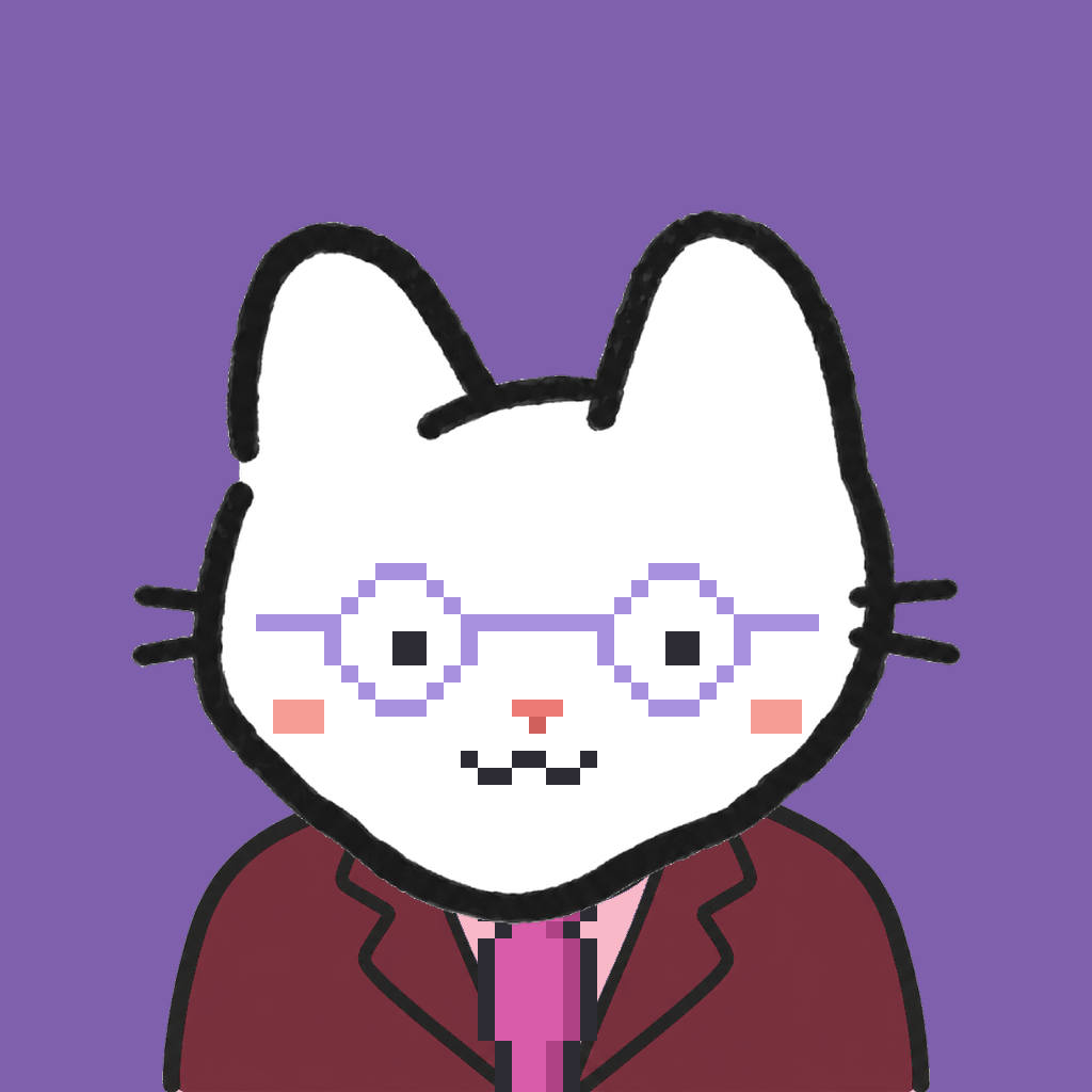 Employee #2685 — a white cat, in a burgundy suit, with a magenta tie, wearing round-lavender glasses, on plasma violet