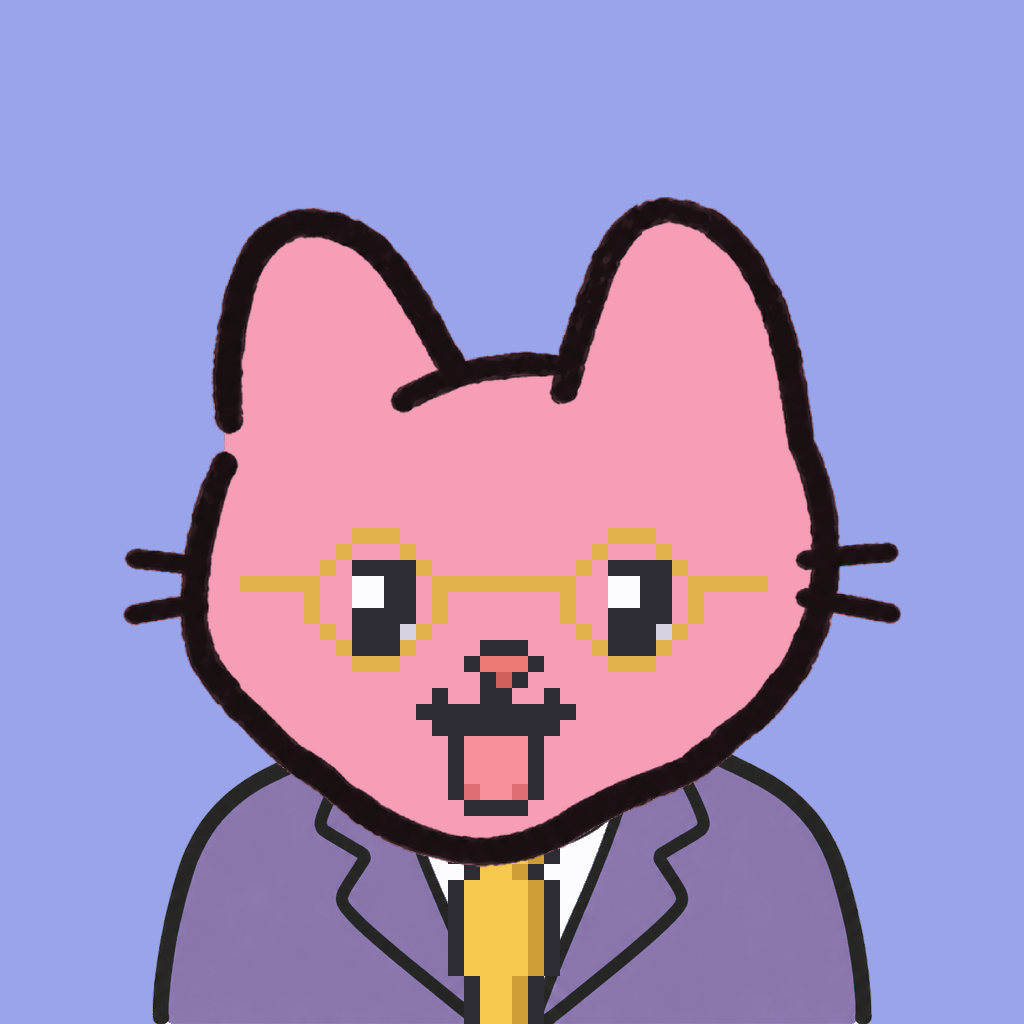Employee #2686 — a pink cat, in a lavender suit, with a gold tie, wearing round-gold glasses, on periwinkle