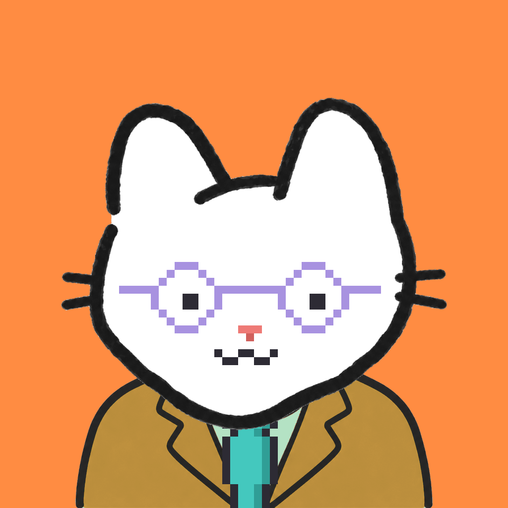 Employee #2687 — a white cat, in a mustard suit, with a teal tie, wearing round-lavender glasses, on tangerine