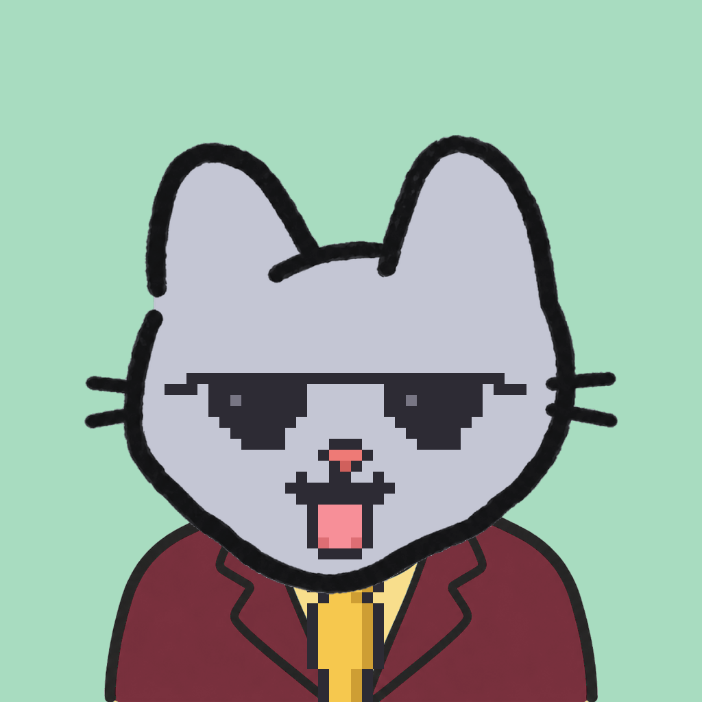 Employee #2688 — a gray cat, in a burgundy suit, with a gold tie, wearing shades glasses, on mint