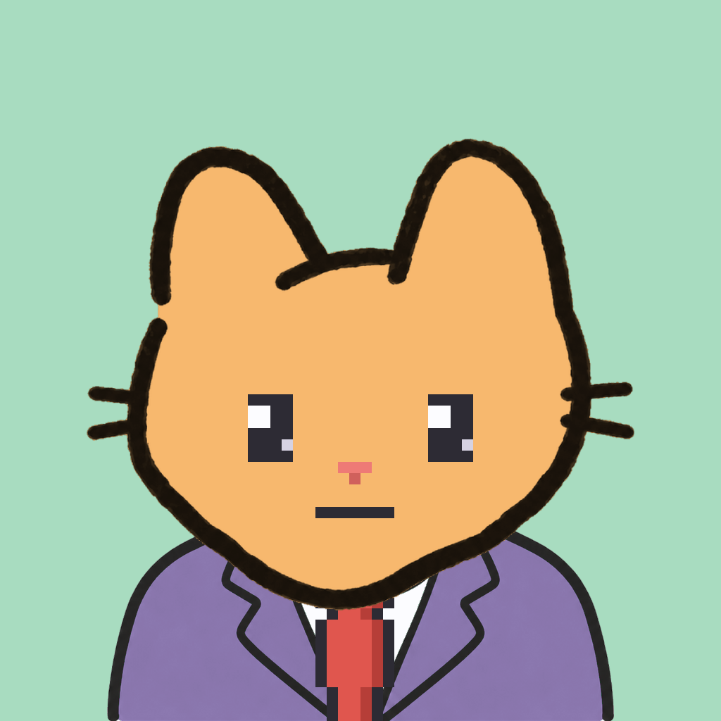 Employee #2689 — a tabby cat, in a lavender suit, with a red tie, on mint
