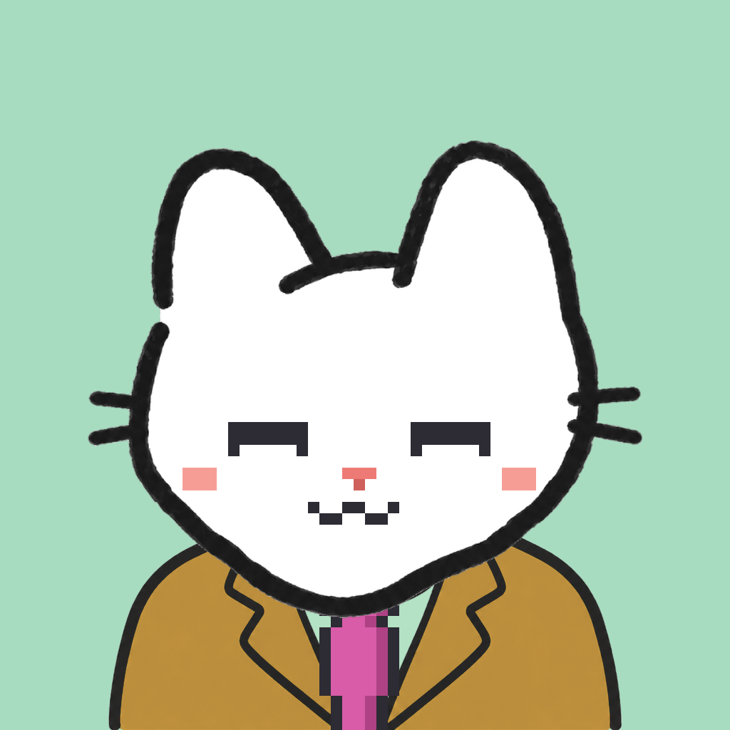 Employee #0269 — a white cat, in a mustard suit, with a magenta tie, on mint