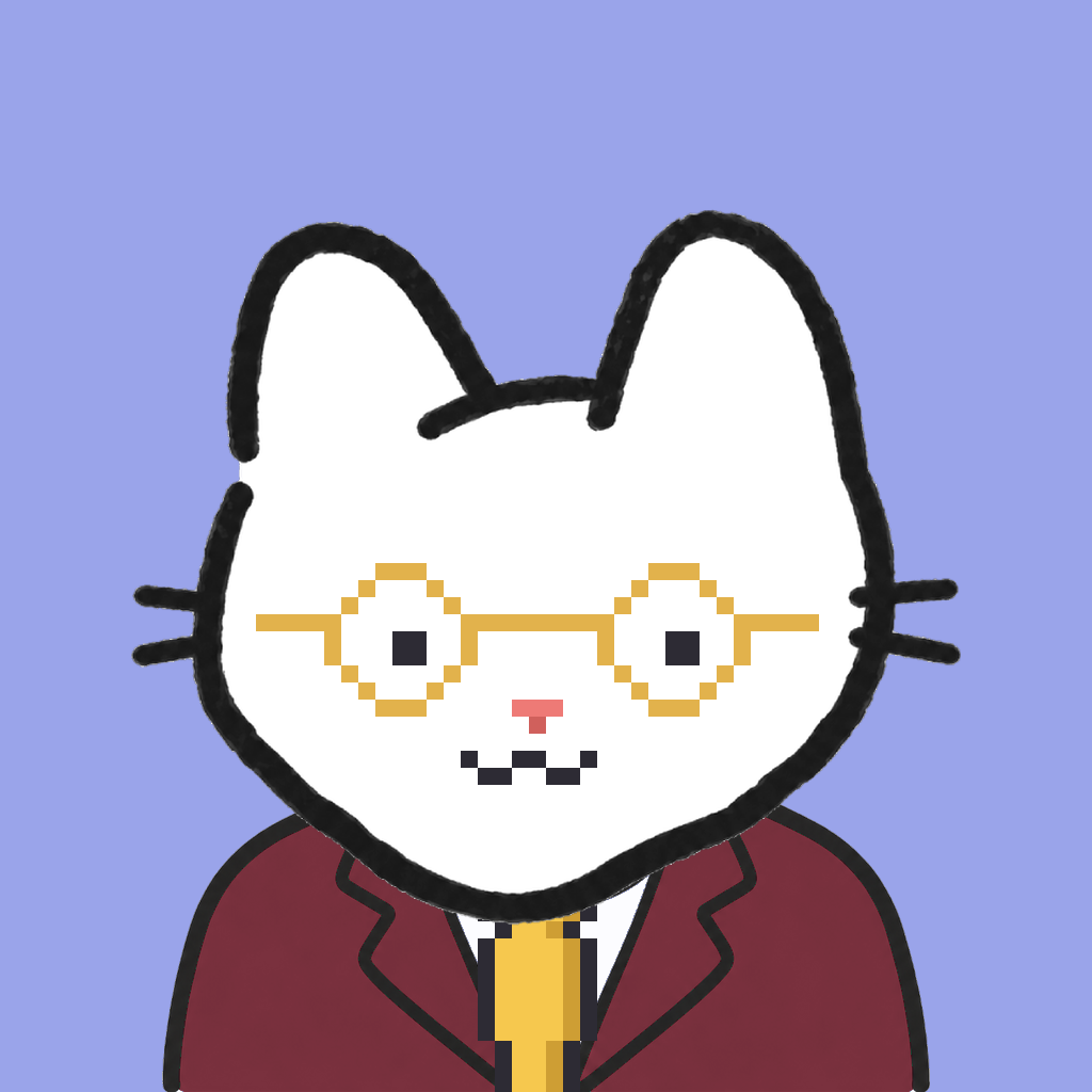 Employee #2690 — a white cat, in a burgundy suit, with a gold tie, wearing round-gold glasses, on periwinkle