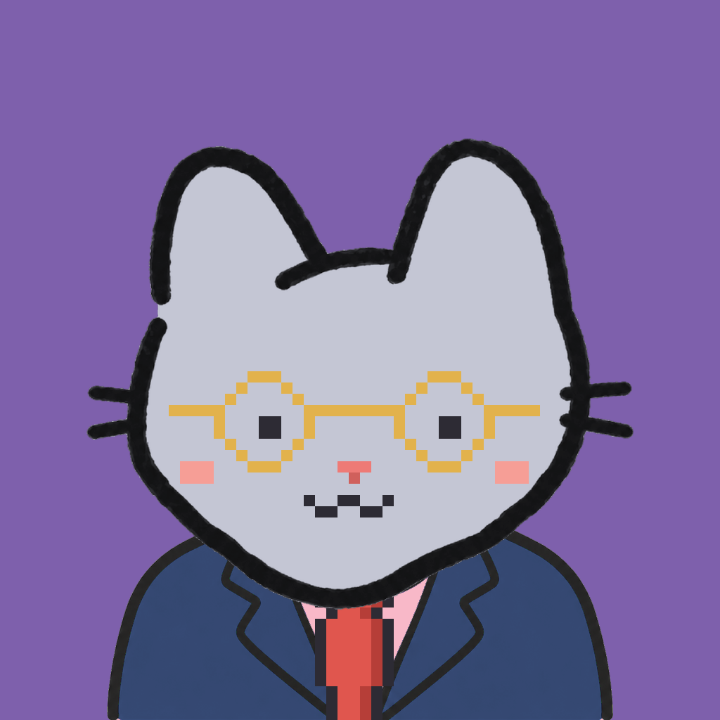 Employee #2691 — a gray cat, in a navy suit, with a red tie, wearing round-gold glasses, on plasma violet