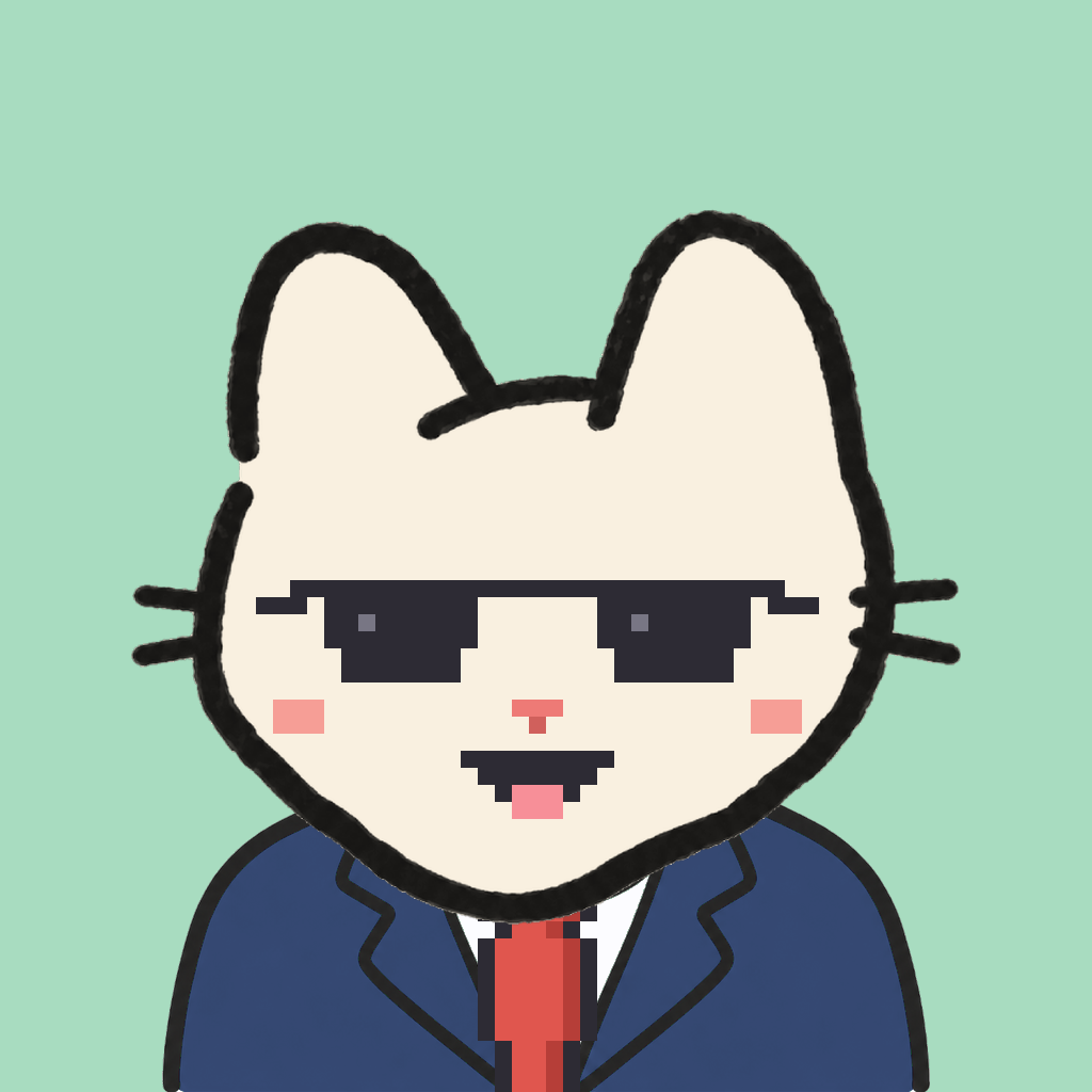 Employee #2692 — a cream cat, in a navy suit, with a red tie, wearing shades glasses, on mint