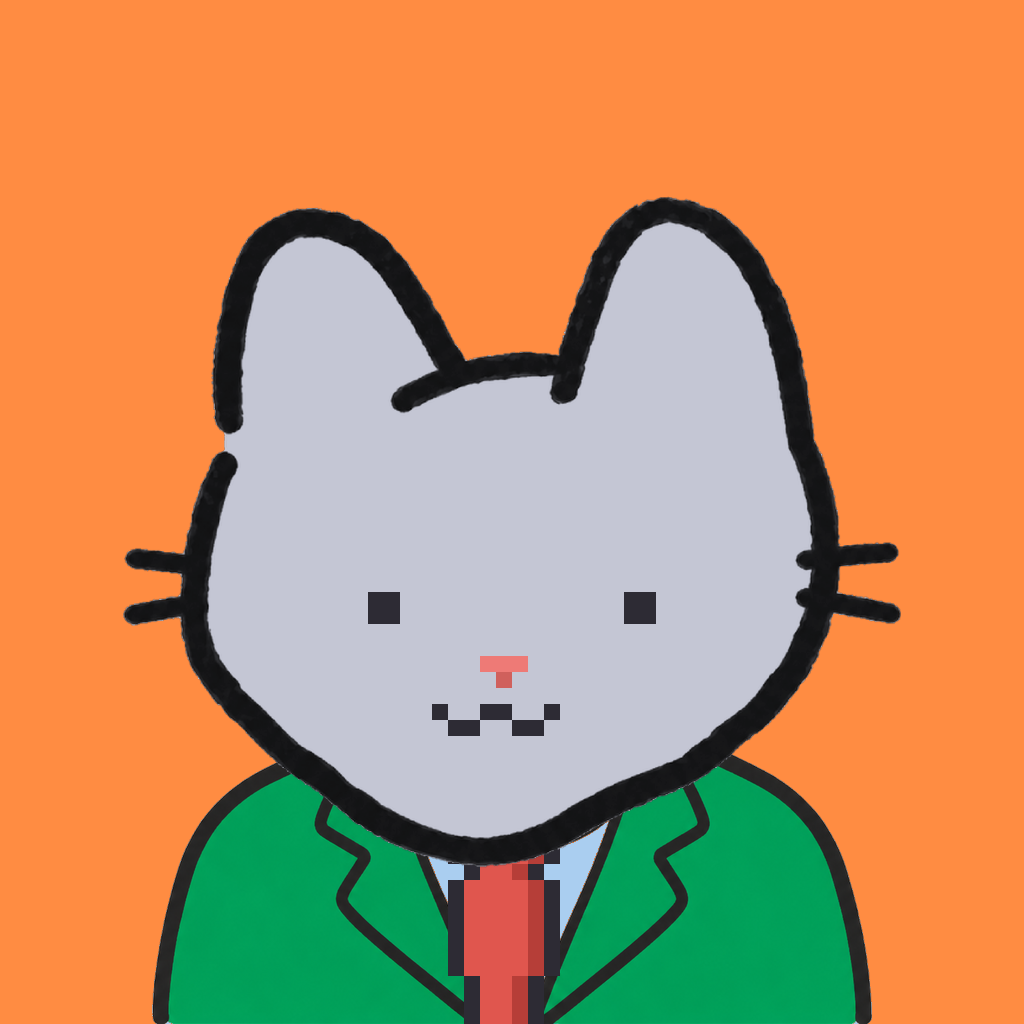 Employee #2693 — a gray cat, in a green suit, with a red tie, on tangerine