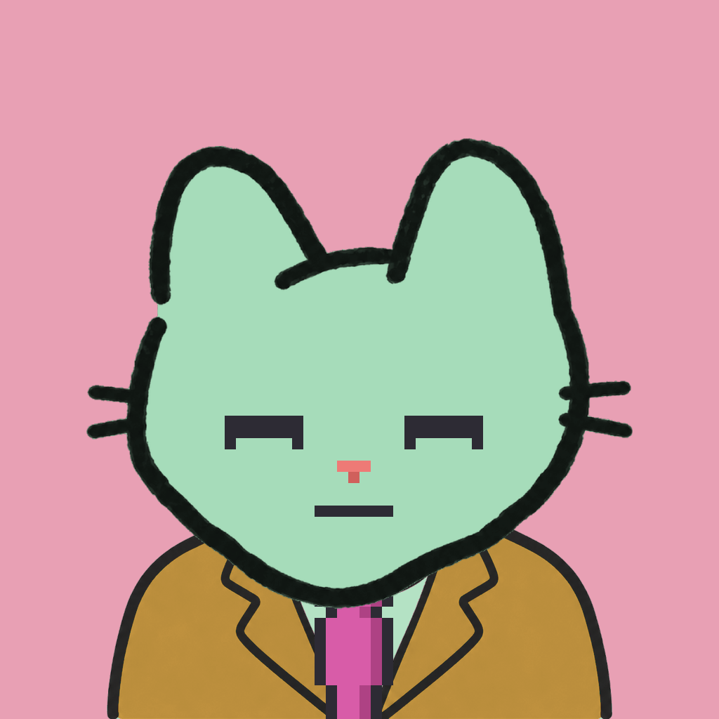 Employee #2694 — a mint cat, in a mustard suit, with a magenta tie, on rose