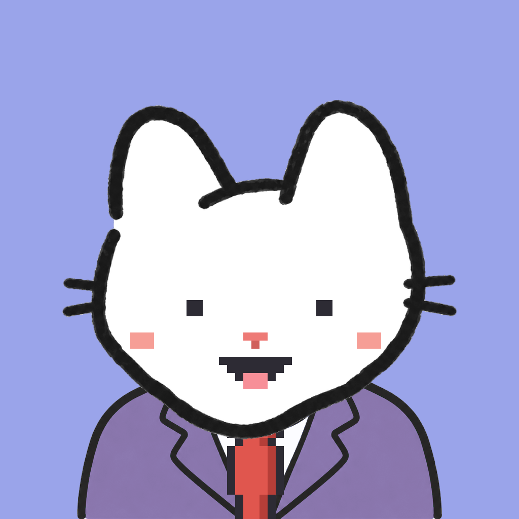 Employee #2695 — a white cat, in a lavender suit, with a red tie, on periwinkle