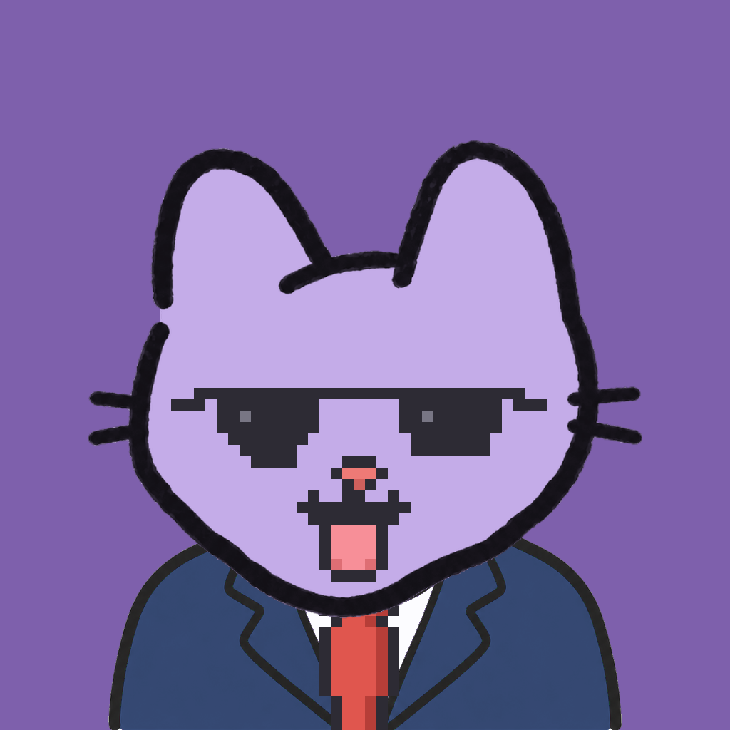 Employee #2696 — a lavender cat, in a navy suit, with a red tie, wearing shades glasses, on plasma violet