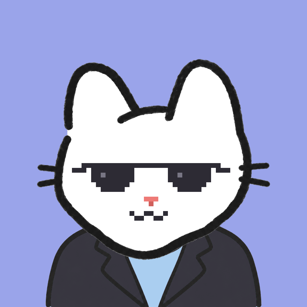 Employee #2697 — a white cat, in a black suit, wearing shades glasses, on periwinkle