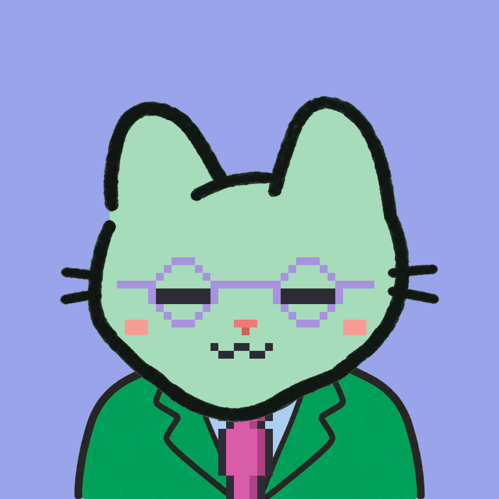 Employee #2698 — a mint cat, in a green suit, with a magenta tie, wearing round-lavender glasses, on periwinkle