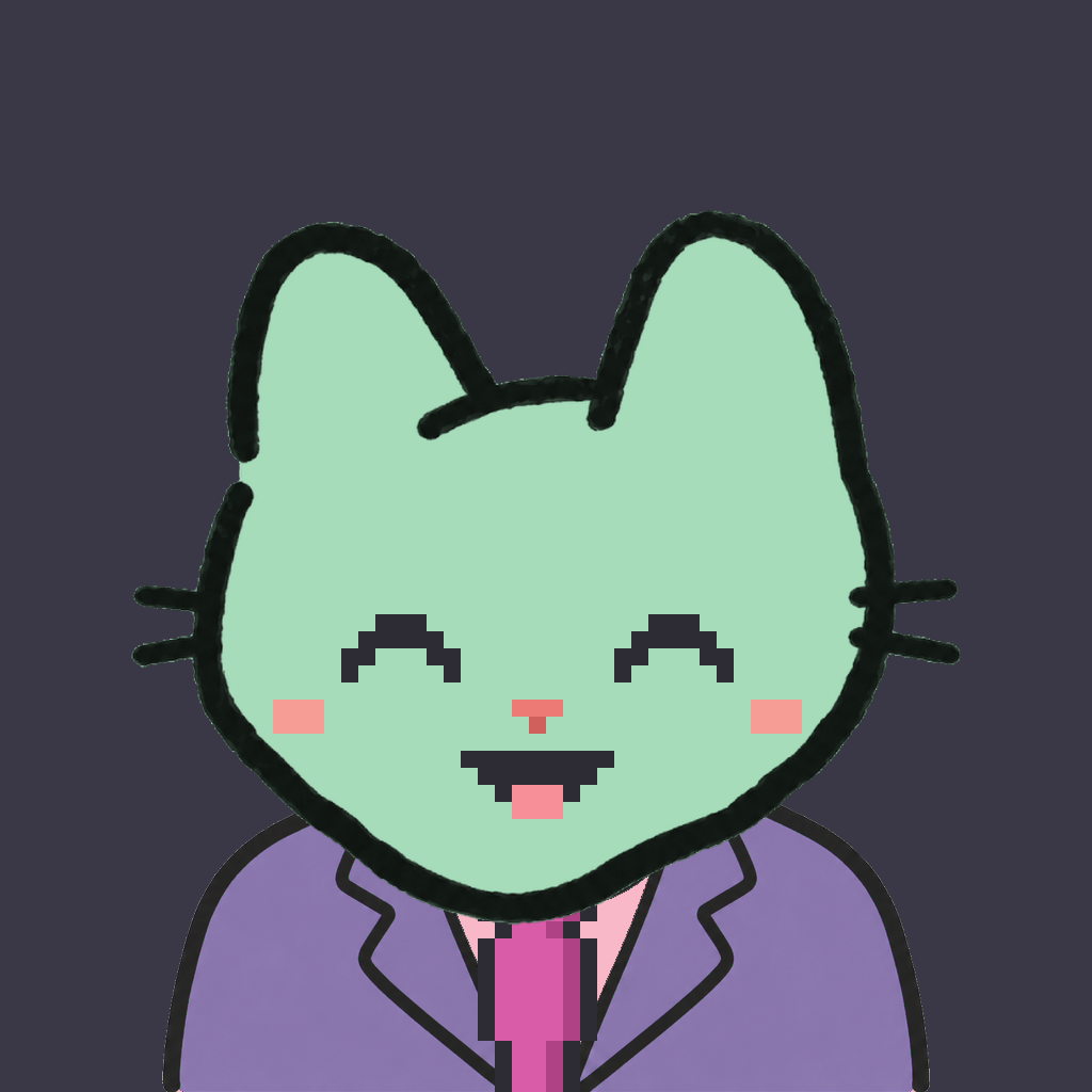 Employee #2699 — a mint cat, in a lavender suit, with a magenta tie, on charcoal